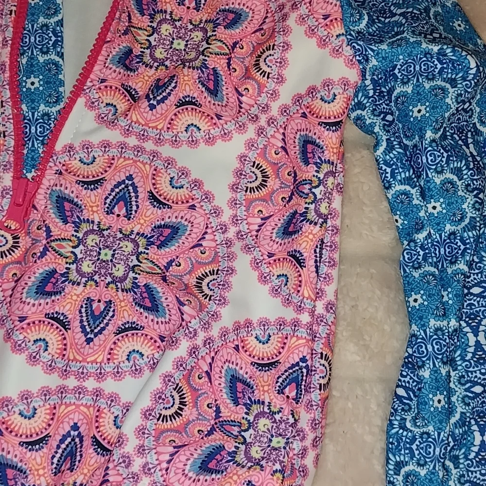 Girls Long Sleeve One-Piece Swimsuit - Pink & Blue Medallion Print